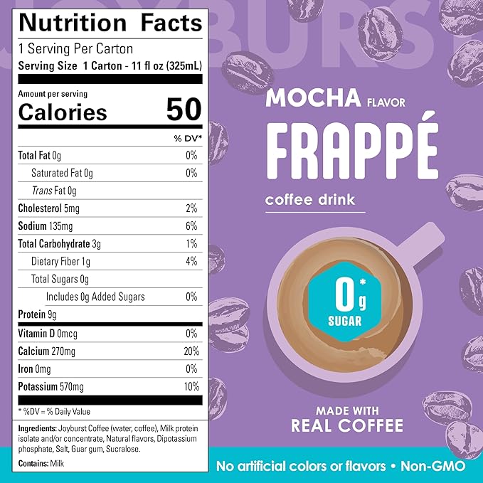 Joyburst Sugar Free Coffee Frappe Mocha Flavor Cold Coffee Drink 0g Sugar 3g Carbs 50 Calories 9g Protein Ready-to-Drink Beverage Non-GMO 12 x 325 mL Pack