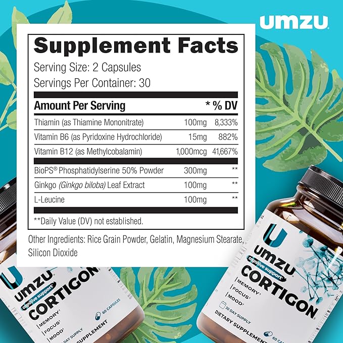 UMZU Cortigon Cortisol Support Supplement 30 Day Supply – Natural Formula with Ginkgo Biloba Phosphatidylserine Vitamin B12 &amp B6 – Supports Healthy Stress Management Mood Focus &amp Cognitiv