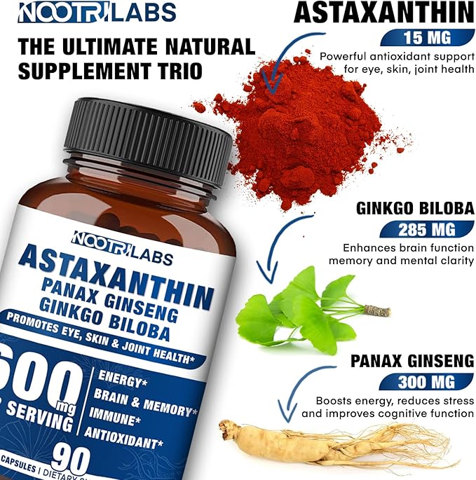 Astaxanthin 15mg + Panax Ginseng Ginkgo Biloba Supplements 90 Vegan Capsules Promotes Eye Health Energy Cardiovascular Support + Immune Defense and Focus