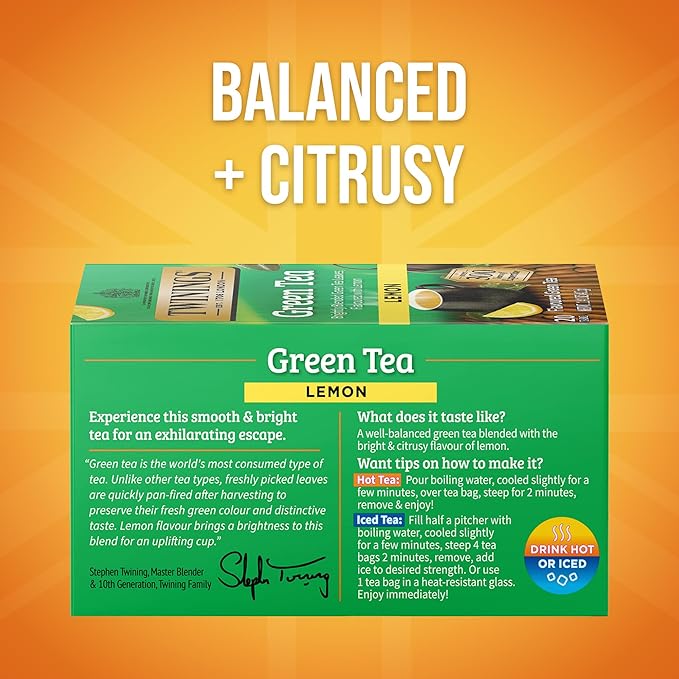Twinings Green Tea with Lemon Individually Wrapped Bags 20 Count (Pack of 6) Zesty Citrus Aroma &amp Flavour Caffeinated Enjoy Hot or Iced 120 Teabags