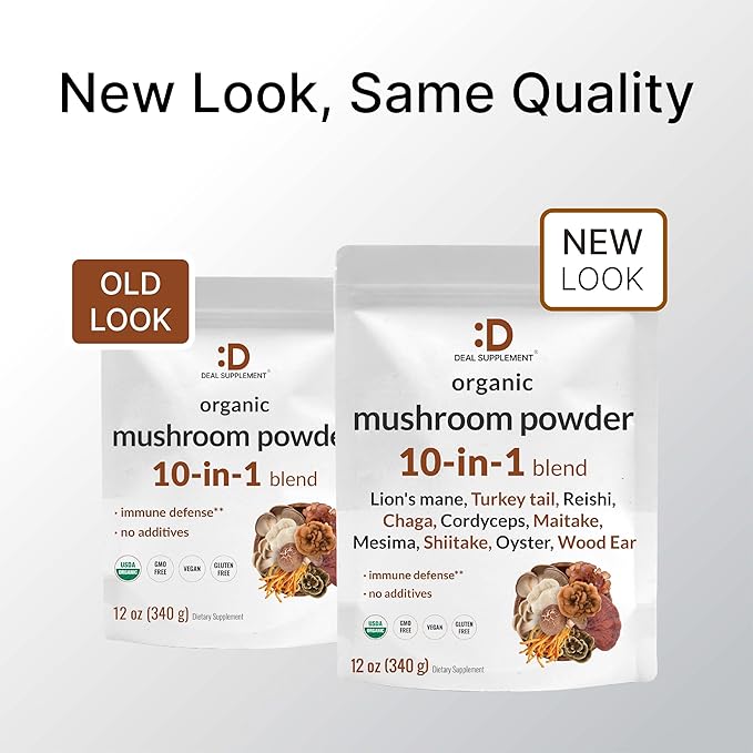 DEAL SUPPLEMENT Organic Mushroom Powder Supplement 12oz – 10 in 1 Active Blend – Shiitake Lions Mane Cordyceps Chaga with More –Supports Immune Energy &amp Brain Health – Non-GMO Vegan