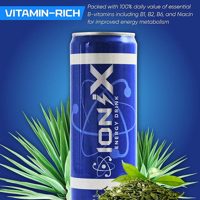 Nootropic Energy Drink - ionix Nootropic Drink to Boost Focus and Mood with Natural Green Tea Caffeine Vitamins &amp Prebiotic for Gut Health Pure Cane Sugar &amp L-Theanine - 12 fl oz Cans (Pack