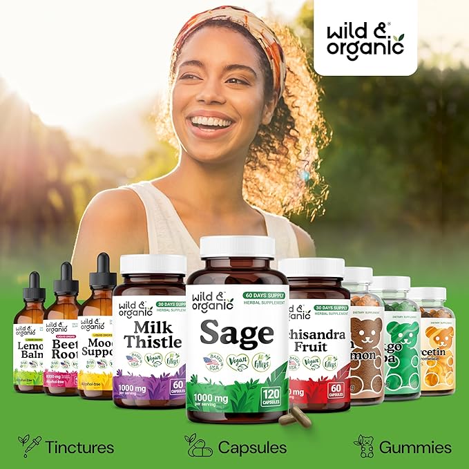 Wild &amp Organic Sage Capsules 1000 mg - Brain Digestive &amp Immune Support - Sage Leaves Extract Supplement - 60 Days of Supply - 120 Herb Capsules - Vegan Non-GMO Gluten-Free No Fillers