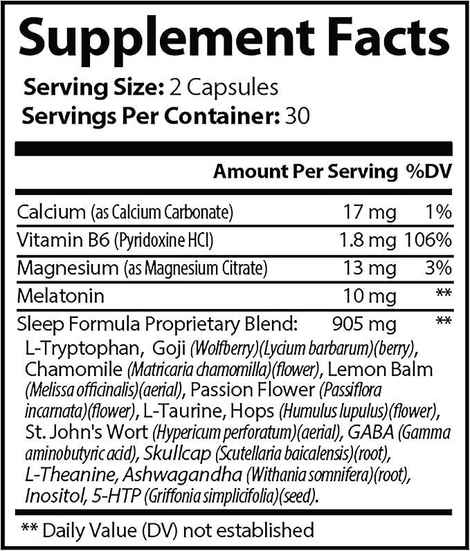 Sleep Support Supplement 60 Capsules with L-Tryptophan GABA Chamomile Melatonin 10 mg + Proprietary Sleep Formula Blend. Sleep Better Sleep Longer and Wake Refreshed. 30 Day Supply