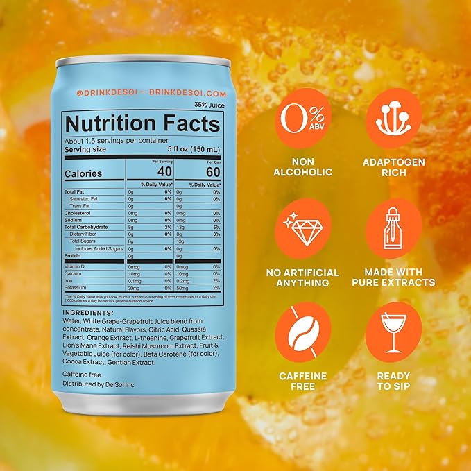 De Soi Spritz Italiano 12-Pack – Sparkling Non-Alcoholic Drink Mocktail &amp Alcohol Alternative with Adaptogens L-Theanine Lion’s Mane &amp Reishi Mushroom