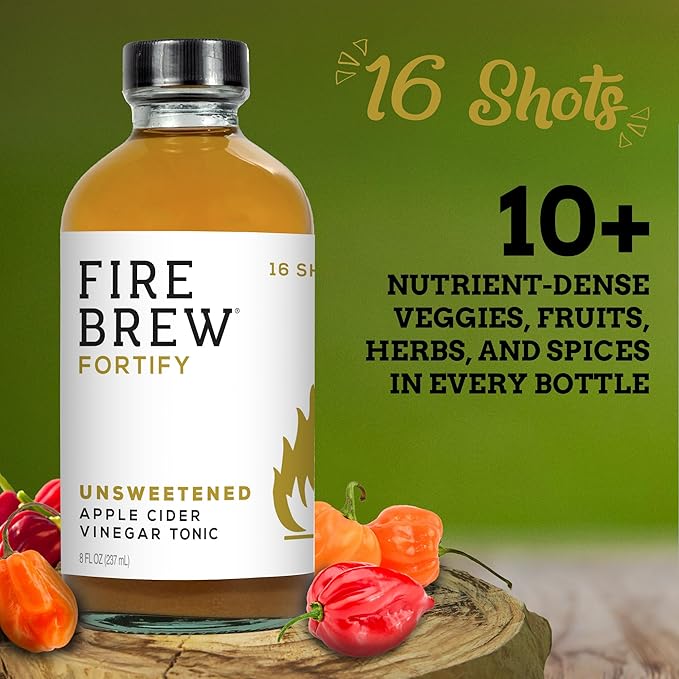 Fire Brew Fortify – Unsweetened Apple Cider Vinegar Wellness Tonic - 16 Concentrated Shots of Healthiest Organic Vegan Ingredients to Strengthen Immunity and Improve Digestion – 8oz