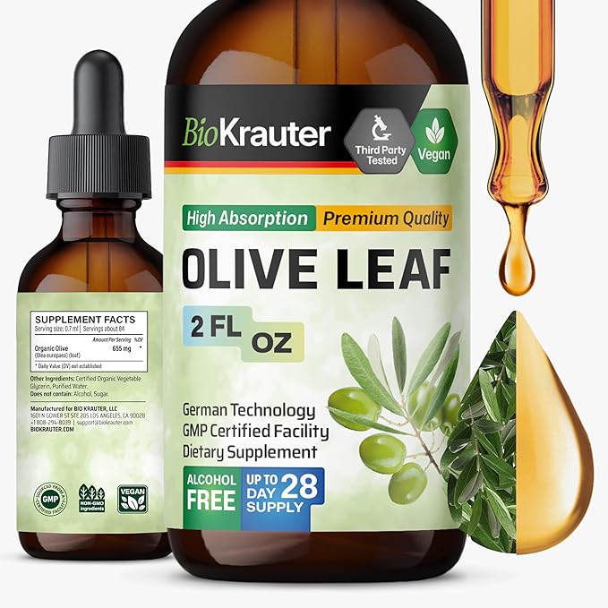 BIO KRAUTER® Olive Leaf Extract for Immune Support - Pure Vegan Oleuropein &amp Hydroxytyrosol Supplement - Used for Daily Wellness &amp Antioxidant Support - Alcohol &amp Sugar Free 2 Fl.Oz 28-Da