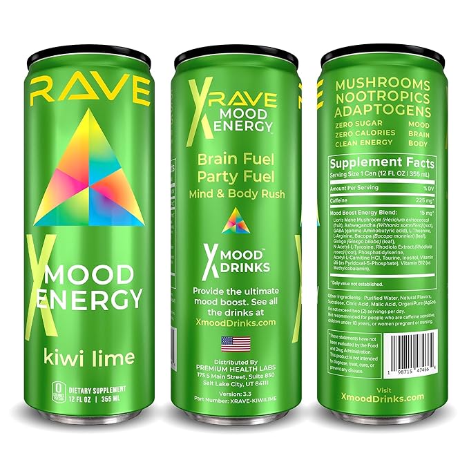 RAVE Mood Energy Drink is Mind Blowingly Different. With Mood-Boosting Functional Mushrooms Nootropics Adaptogens &amp B Vitamins. Experience Mind &amp Body Rush! 225mg Caffeine - Electrolytes - Z