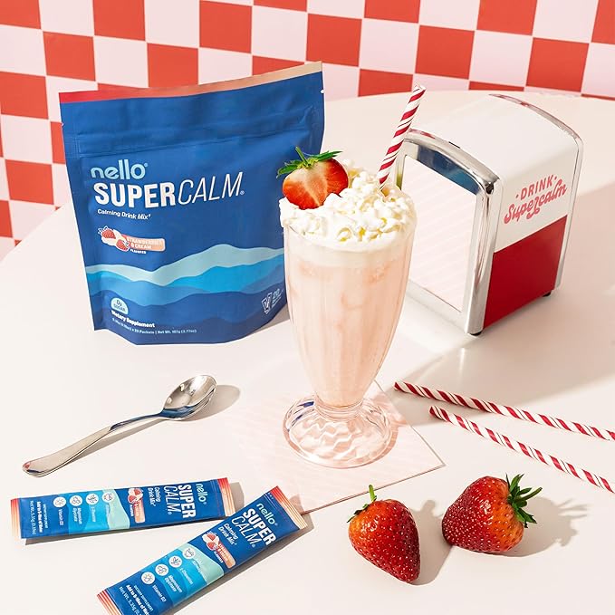 Nello Supercalm Powdered Drink Mix Cortisol Reducer* Sleep Aid Supplement L Theanine Ksm-66 Ashwagandha Magnesium Glycinate Vitamin D 3 No Sugar Non GMO 20 Ct Strawberries &amp Cream