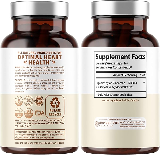 N1N Premium Ceylon Cinnamon 1200mg [100% Organic Ceylon Cinnamon] Natural Supplement to Support Healthy Circulation Brain and Joint Function120 Caps