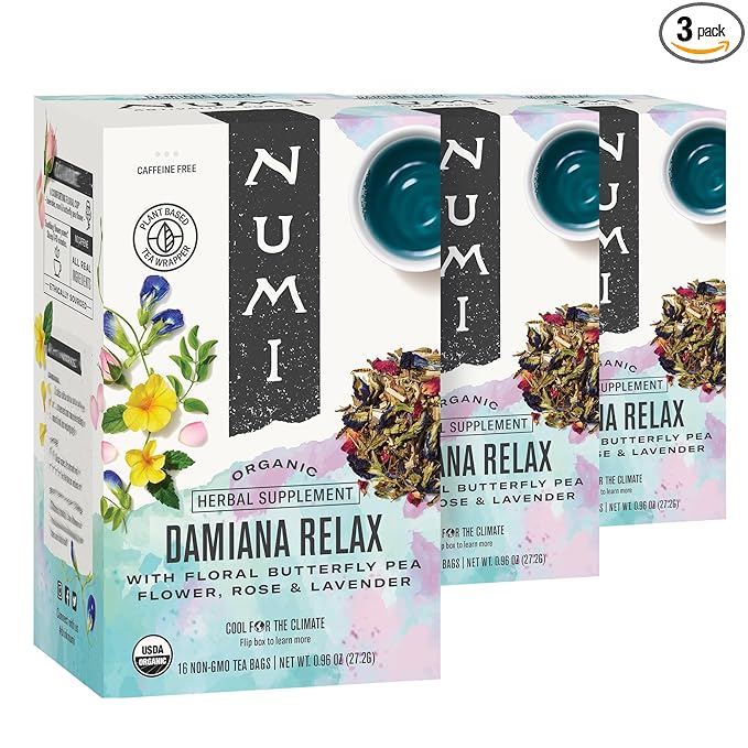 Numi Organic Damiana Relax Herbal Tea – 48 Herbal Tea Bags – Calming Damiana Blend for Gentle Relaxation Emotional Ease &amp Stress Relief
