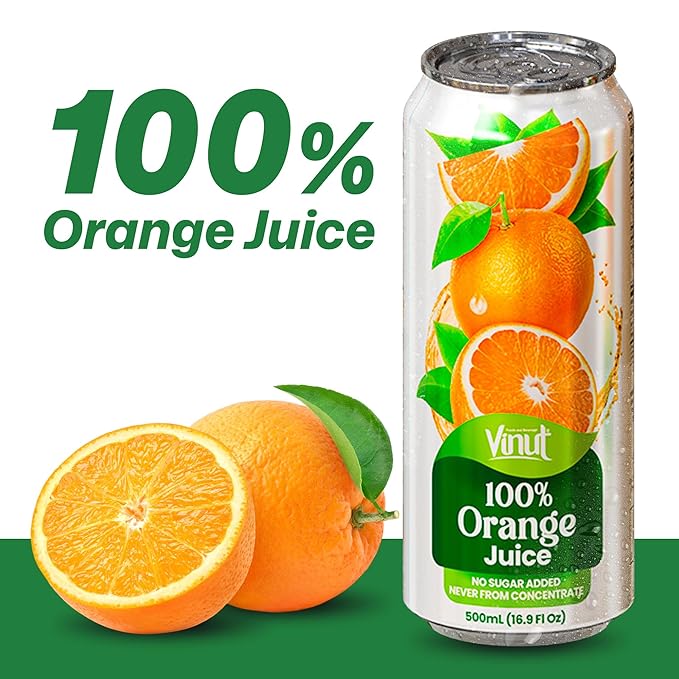 VINUT 100% Orange Juice No Added Sugar Never From Concentrate 16.9 fl oz (500 mL) Can Pack of 24