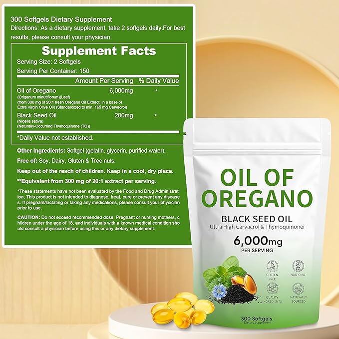 Oil of Oregano Softgels 300 Count Non-GMO | 2 in 1 Formulated with 4X Strength Carvacro | Black Seed Oil l &amp Thymoquinone | Plant Based