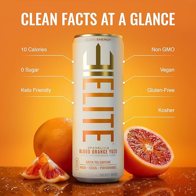 ELITE Energy – Healthy Energy Drinks – Clean Green Tea Caffeine with L-Theanine – Zero Sugar 10 Calories Naturally Sweetened Functional Energy for Focus &amp Performance – 12 Pack – Blood Orange Yu