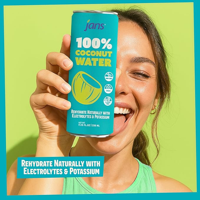 Jans 100% Coconut Water No Added Sugar 11.15oz (Pack of 12) Pure Coconut Refreshment Vegan Gluten-Free Hydration with Electrolytes