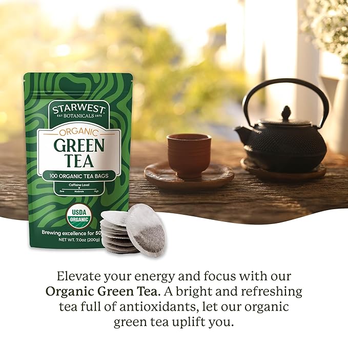 Starwest Botanicals Organic Green Tea - Caffeinated Herbal Tea Contains Caffeine Tea with Antioxidant Properties USDA Organic Green Tea Leaf Non GMO - Bulk Pack 100 Tea Bags