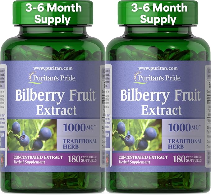 Puritan's Pride Premium Bilberry Fruit Extract 250 mg (1000mg equivalent) 4:1 Concentrated Traditional Herbal Supplement Vitamin C 3 to 6 Month Supply 180 Rapid Release Softgels 2-Pack