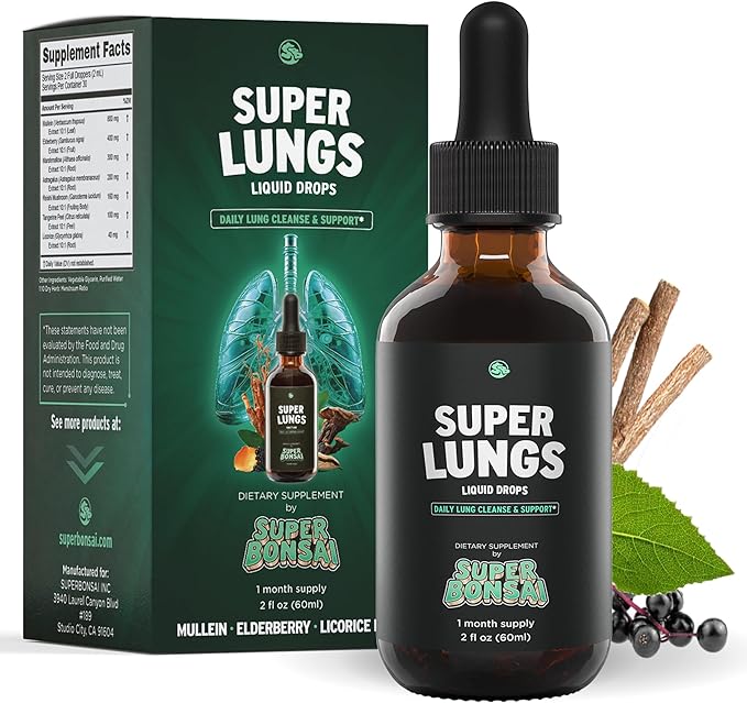 SuperBonsai Super Lungs Mullein Drops – Herbal Lung Support Tincture with Mullein Leaf Extract Elderberry Reishi Marshmallow Root – Supports Clear Breathing &amp Wellness – 2 oz