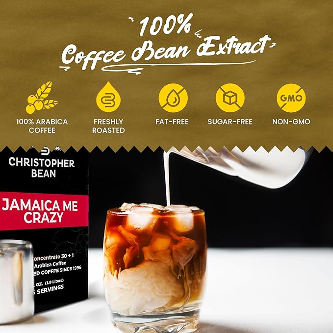 Christopher Bean Coffee - 396 servings 30 to 1 Blend Bag in Box Liquid Instant Coffee or Cold Brew Coffee Concentrate - Hot or Iced Coffee - Jamaica Me Crazy