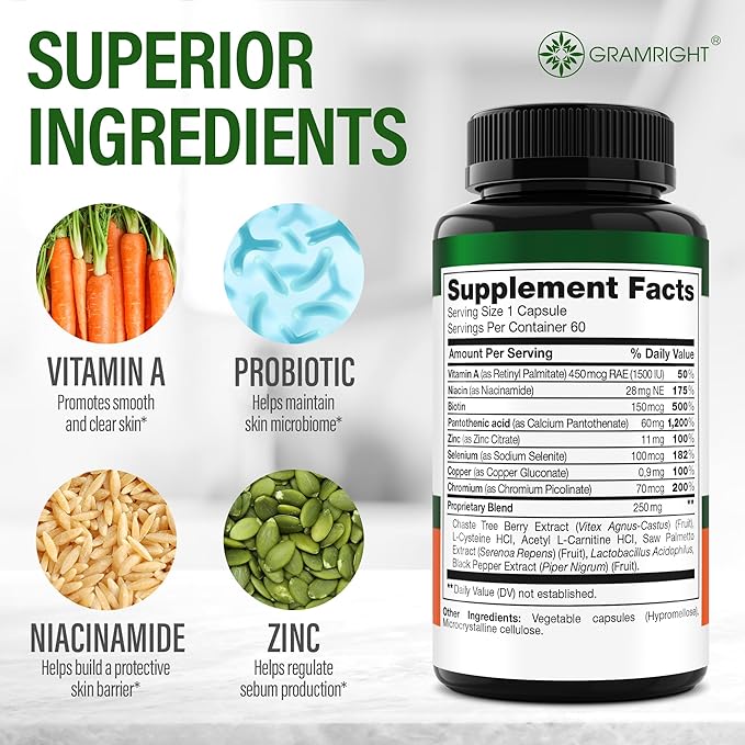 Perfect Skin Acne Pills - Clear Skin Supplement with Niacinamide Probiotic Zinc &amp Vitamin A - Anti Acne Vitamins for Teens Men &amp Women - Support for Face &amp Back Acne Acne Scars - 60 Ca