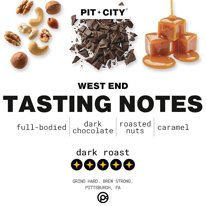 Pit City West End Signature Blend Dark Roast Whole Bean Coffee 12oz Bag - Full Bodied Roasted Nuts Caramel and Dark Chocolate Notes - Premium Small Batch Roasted - Pittsburgh