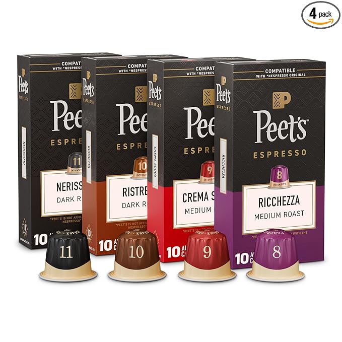 Peet's Coffee Dark and Medium Roast Espresso Capsules Variety Pack Compatible with Nespresso Original Machine 100% Arabica Coffee - Intensity 8-11 40 Count (4 Boxes of 10 Espresso Capsules)