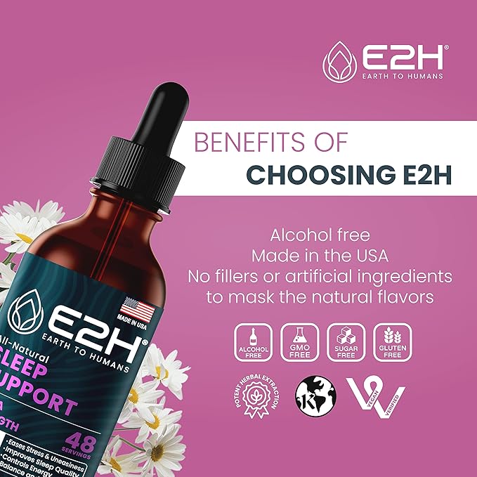 E2H Natural Sleep Support - Liquid Melatonin with Chamomile Theanine - Sleep Better Deeper Longer - Vegan GMO-Free - Provides Stress Relief - 2 Fl Oz