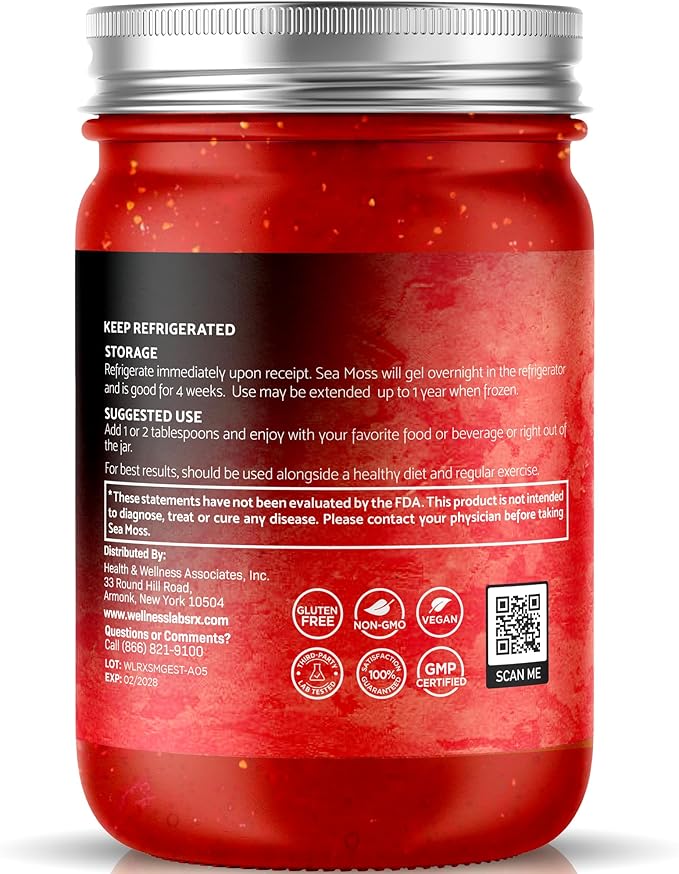 Sea Moss Gel - Wildcrafted Seamoss Gel Superfood - Strawberry Flavor USA-made Irish Sea Moss Vitamin and Mineral-Rich from Pristine Caribbean Waters Immune and Digestive Health Support - 10 oz.