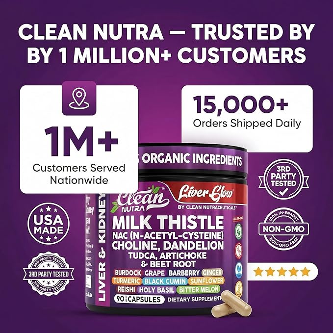 Clean Nutra Organic Milk Thistle Supplement | Liver Cleanse Detox &amp Repair + NAC Choline Dandelion Root TUDCA Artichoke Beet Root Burdock Holy Basil Kidney &amp Liver Support 90 Vegan Capsules