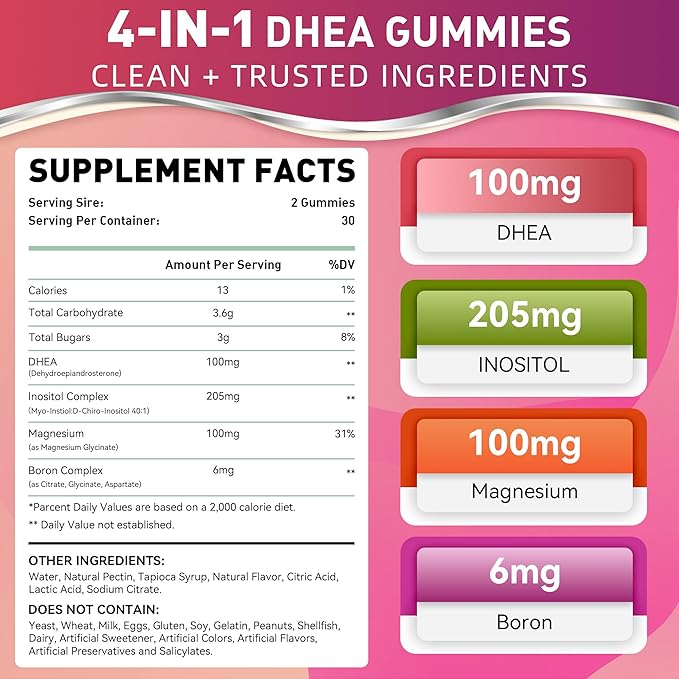 DHEA Gummies DHEA Supplements for Women DHEA 100mg 50mg Chewable with Boron Inositol and Magnesium Pro-Aging Ovarian Support Sleep Support Vegan 60 Counts