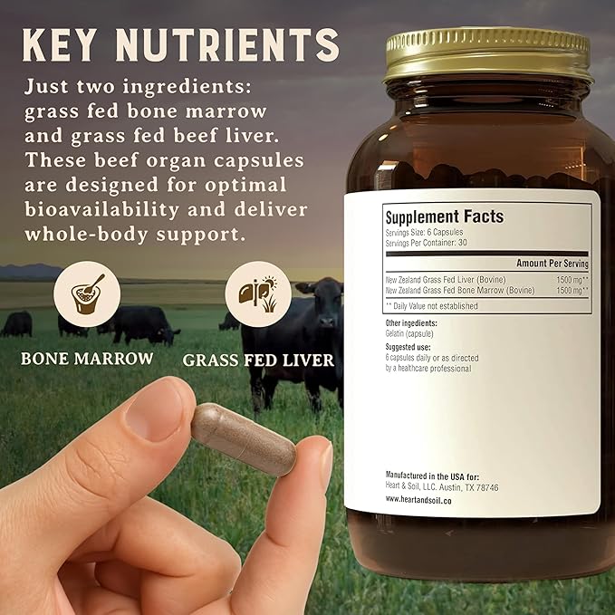 Heart &amp Soil – 100% Grass Fed &amp Finished Bone Marrow &amp Beef Liver from Regenerative Cattle – Supports Bones joints Tissue &amp Skin – 3000mg Libido Booster For Women &amp Men – Glass B