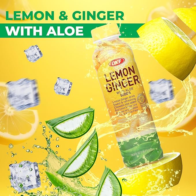 OKF Aloe Vera Juice Drink Lemon Ginger Pure with Chunks of Aloe Original 16.9 Fl Oz (Pack of 20) No Preservatives No Artificial Color Plant Based Korean Drinks
