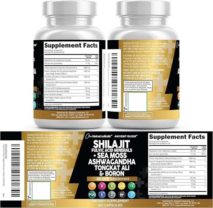 Clean Nutraceuticals Shilajit Supplement for Men with Sea Moss Tongkat Ali Ashwagandha Boron Zinc CoQ10 PQQ - Fulvic Acid Capsules - Energy Support - 90 Count - Resin Gummy &amp Powder Alterna