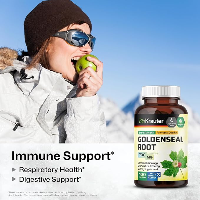 BIO KRAUTER® Goldenseal Root - Pure &amp Vegan Goldenseal Capsules 700mg/serving 100 Caps - Immune &amp Respiratory Support - Golden Seal Powder for Digestive Support - No Fillers Non-GMO 100-Days