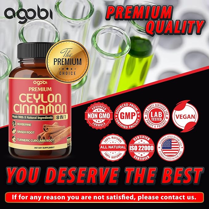 Premium Ceylon Cinnamon with Berberine Supplement - 8in1 Turmeric Ginger Gymnema &amp More - Body Heart &amp Overall Vitality - 180 Capsules