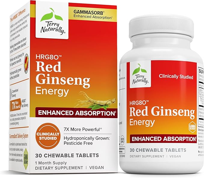 Terry Naturally HRG80 Red Ginseng Energy - Support Healthy Energy &amp Focus - Herbal Supplement with Korean Red Ginseng Root Powder - Vegan Tablets to Aid Healthy Endurance - 30 Chewable Tablets