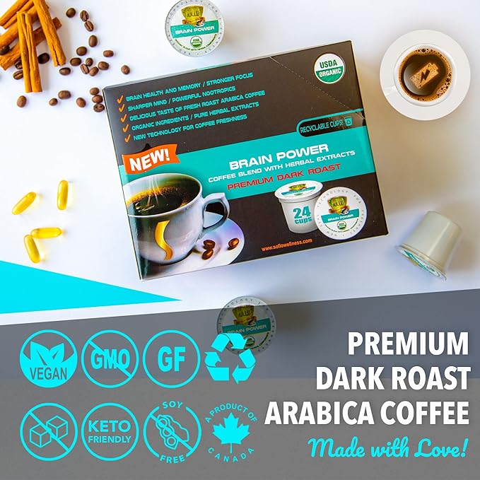 SOLLO Brain Power Dark Coffee Pods MCT &amp Essential nutrition Nootropic Brain Booster For Memory &amp Focus Compatible with 2.0 K-Cup Keurig Brewers 24 Count