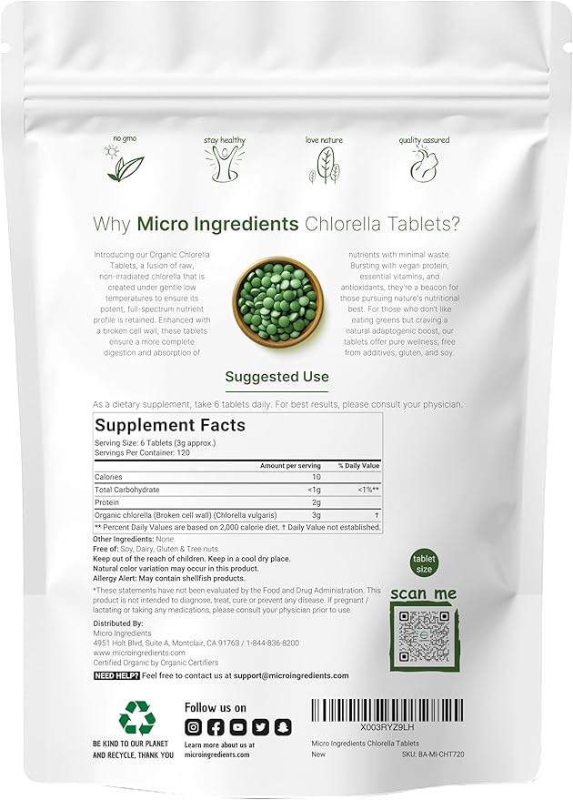 Organic Chlorella Tablets 500mg Per Tablet 720 Tabs (360 Grams) 4 Months Supply Broken Cell Wall Rich in Vegan Protein &amp Vitamins No Filler No Additives &amp Non-GMO | Pure Green Algae Sup