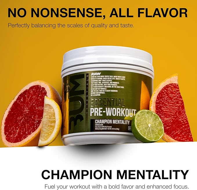 RAW Essential Pre-Workout Powder (Champion Mentality) - Chris Bumstead Sports Nutrition Supplement for Men &amp Women - Preworkout Energy Powder with Caffeine L-Citrulline L-Tyrosine &amp Beta Ala