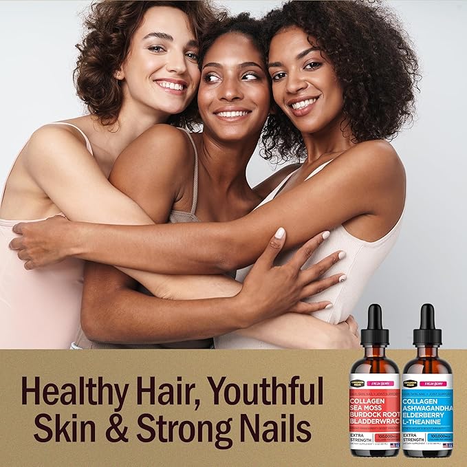 Collagen Mojo Liquid Collagen Peptides with Sea Moss Burdock Root &amp Bladderwrack + Liquid Collagen Peptides with Ashwagandha Elderberry &amp L-Theanine