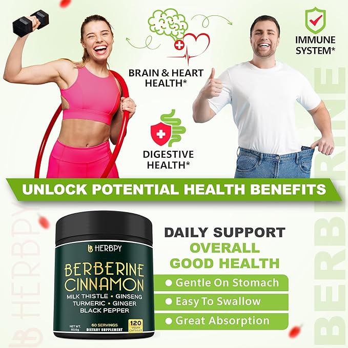 7in1 Premium Berberine and Ceylon Cinnamon for Weight Management Digestion Heart Health &amp Immune Support - with Ginseng Turmeric Ginger Milk Thistle &amp Black Pepper - 120 Vegan Capsules