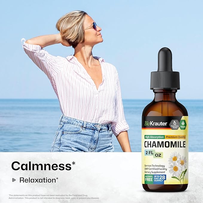 BIO KRAUTER® Chamomile Extract - Liquid Drops Pure Vegan Chamomile Supplement 670 mg per Serving 2 Fl.Oz 28-Day Supply - Used for Calm &amp Relax - Alcohol &amp Sugar Free - Natural Calm &amp Sleep