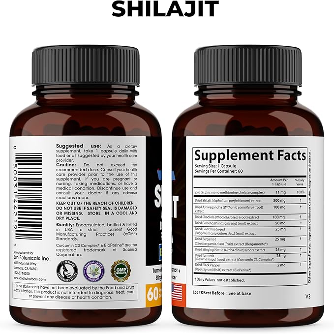 Shilajit Sea Moss Ashwagandha Combo Bundle - Black Seed Oil Turmeric Rhodiola Rosea Panax Ginseng Supplement | 120 Capsules Better Than Gummies Resin | Seamoss for Men &amp Women