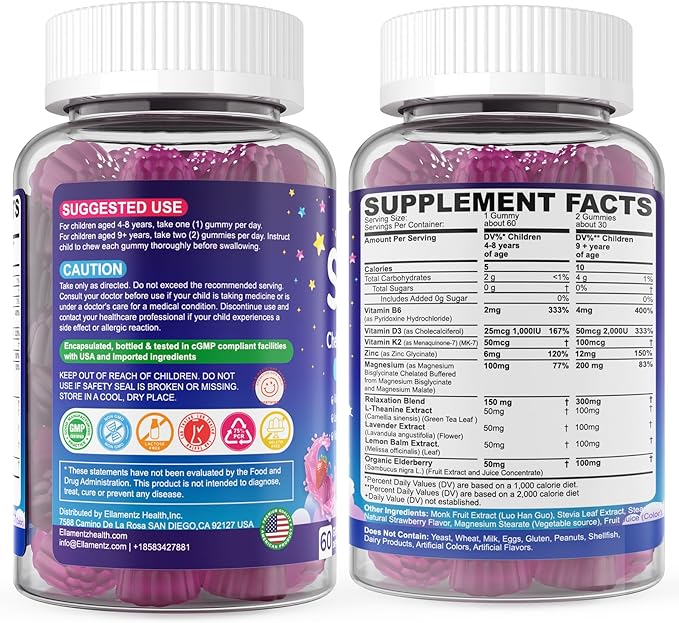 Kids Sleep Gummies NO Melatonin Sleep Aid Gummies w/ Magnesium Glycinate Magnesium Malate L-Theanine Lavender B6 Zinc D3K2 for Restful Sleep Relax Brain &amp Muscle Immune Support Non-GMO 2