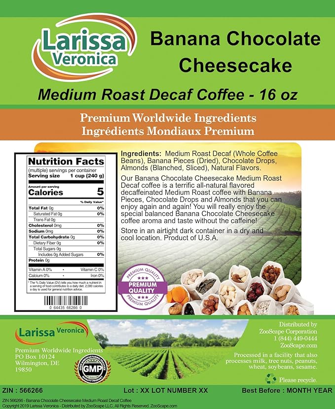 Banana Chocolate Cheesecake Medium Roast Decaf Coffee (Gourmet Naturally Flavored Whole Coffee Beans) (16 oz ZIN: 566266)