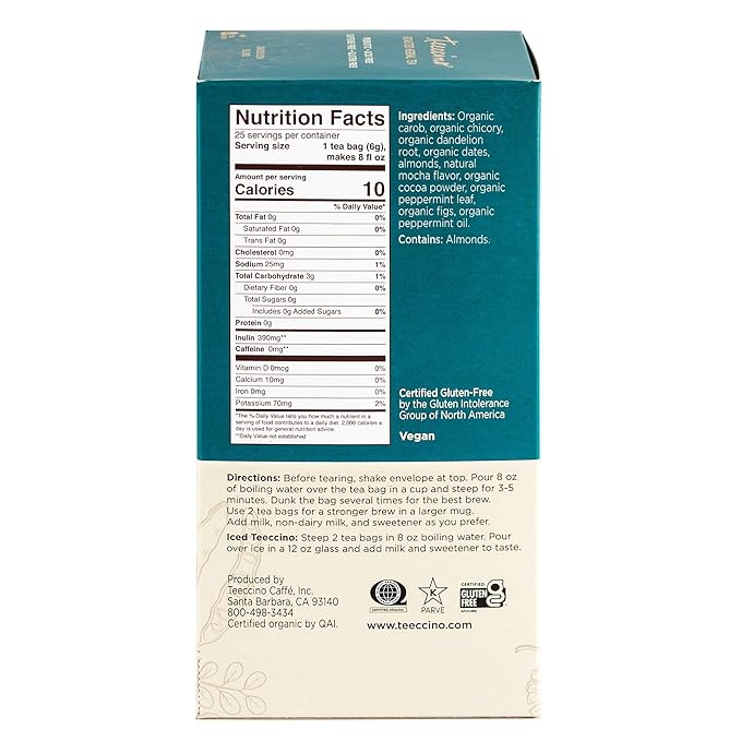Teeccino Dandelion Mocha Mint Tea - 25 Tea Bags - Caffeine Free Roasted Herbal Tea with Prebiotics 3x More Herbs than Regular Tea Bags Gluten Free (Pack of 3)