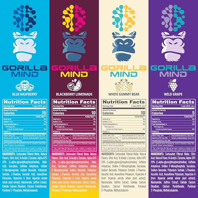 Gorilla Mind Energy Drink | Unmatched Energy · Amplified Focus | N-Acetyl-L-Tyrosine Alpha-GPC 200mg Caffeine Uridine Saffron | 0 Sugar Or Artificial Colors | 16oz | 12-Pack (Variety Pack #1)