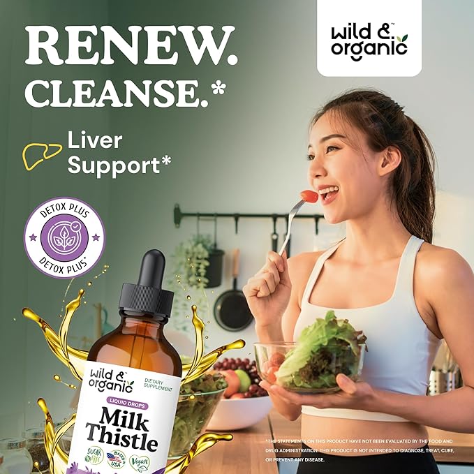 Wild &amp Organic Milk Thistle Liquid Drops - Liver Cleanse Detox - Silymarin Milk Thistle Supplement for Liver Support - Silybum Marianum Seed Extract Tincture - Vegan Sugar &amp Alcohol-Free - 4