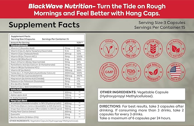 BlackWave Hang Caps - Recovery Capsules After Drinking Aid - DHM (Dihydromyricetin) After Alcohol Recovery Supplement - Hangover Relief with Ginger Milk Thistle and B vitamins - 45 Liver Aid Capsules