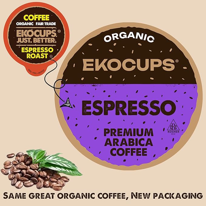 EKOCUPS Organic Espresso Roast Coffee Pods Extra 30% More Coffee Per Cup Artisan Fair Trade Dark Roast Espresso Coffee for Keurig K Cup Machines Recyclable Pods 40 Count